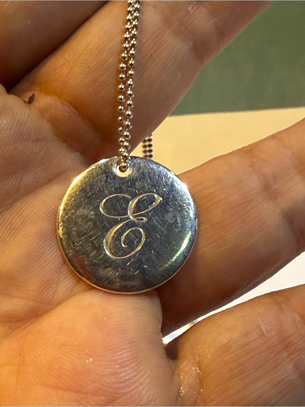 Authentic TIffany & Co Sterling Silver Notes Alphabet Letter E Disc Necklace